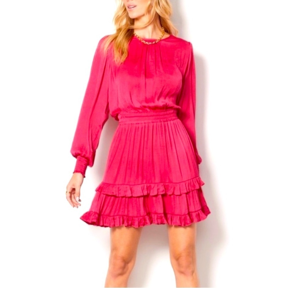 Evereve Hailey Fushia Pleated Ruffle Hem Dress - XS